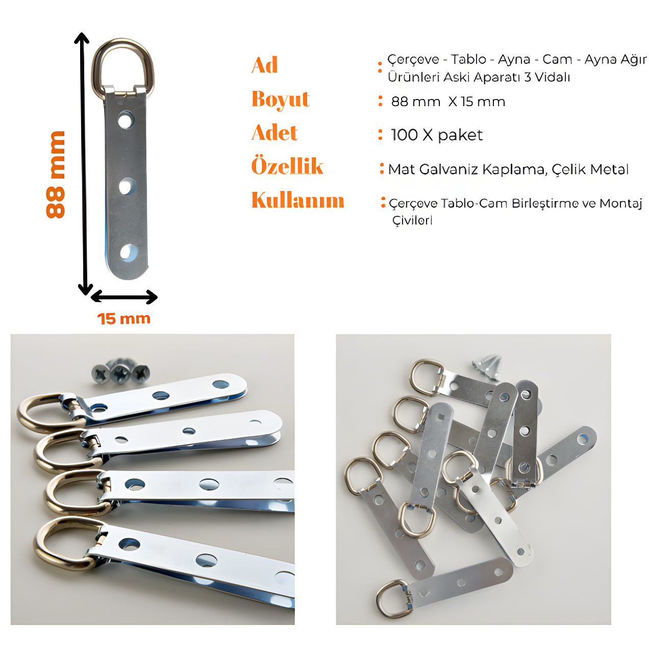 3 Vidalı Askı Aparatı – Büyük Boy Çerçeve, Tablo, Ayna ve Cam Montajı (100’lü Paket)