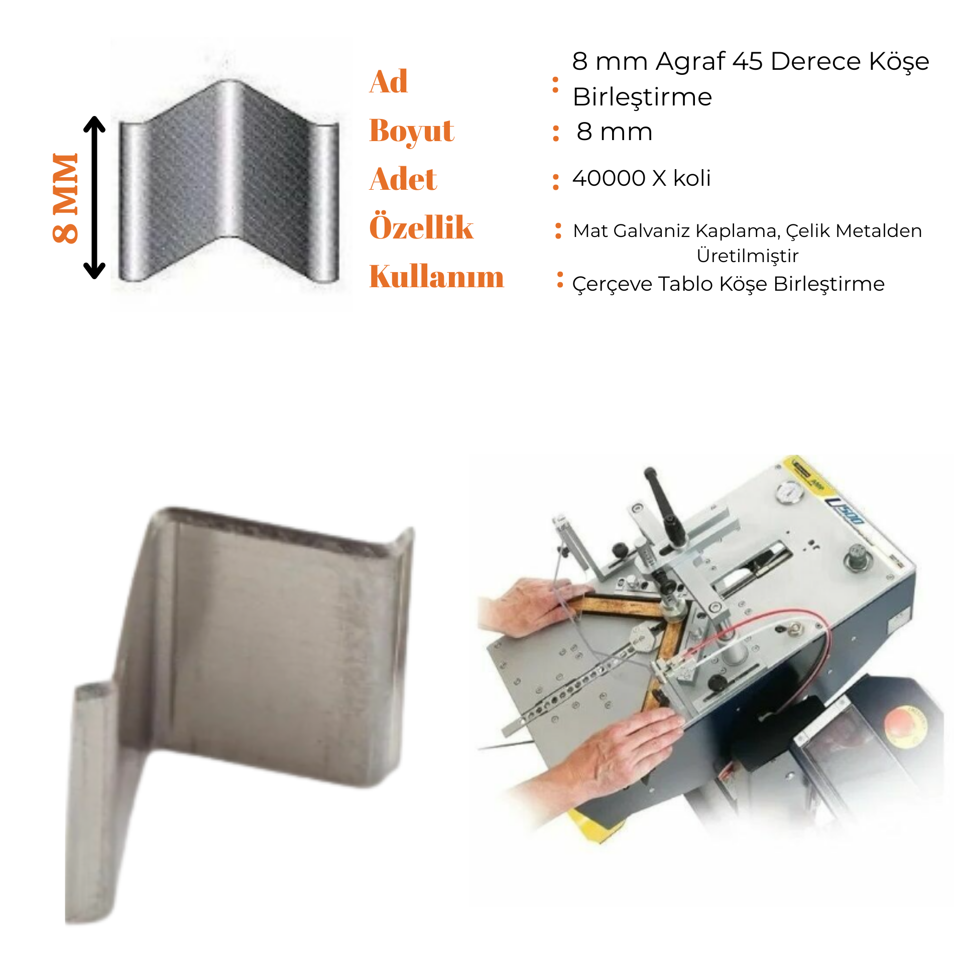 8 MM AGRAF - 20 PAKET - 45 DERECE KÖŞE BİRLEŞTİRME - YERLİ ÜRETİM - KOŞULSUZ İADE GARANTİLİ