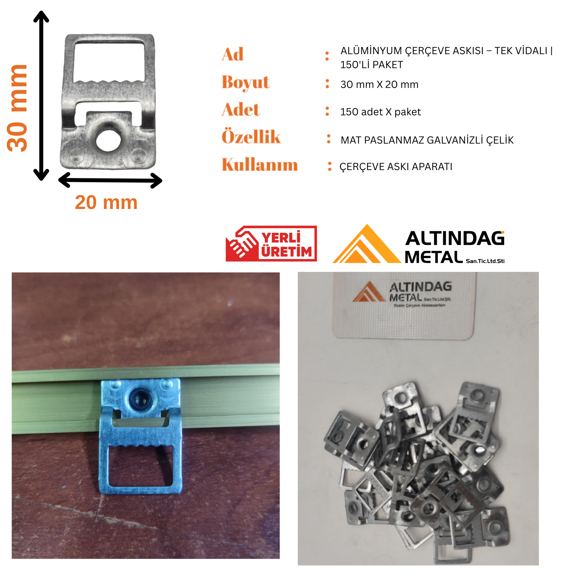 ALÜMİNYUM ÇERÇEVE ASKISI – TEK VİDALI | 150'Lİ PAKET