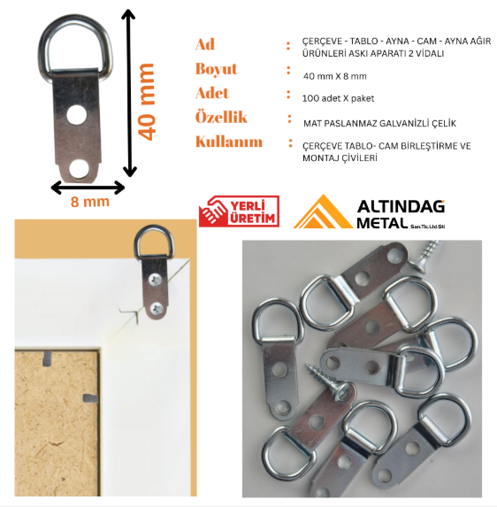 2 Vidalı Askı Aparatı – Orta Boy | Çerçeve, Tablo, Ayna ve Cam Montajı İçin Galvanizli, Dayanıklı Metal Asma Parçası
