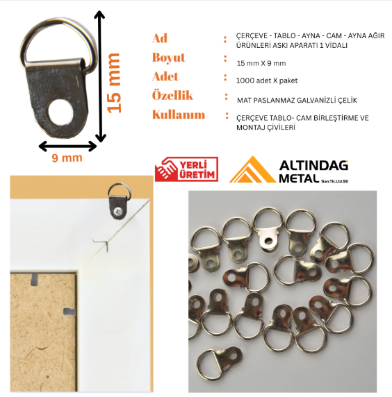 1 Vidalı Askı Aparatı – Küçük Boy | Çerçeve, Tablo, Cam ve Ayna Montajı İçin Galvanizli Metal Asma Parçası